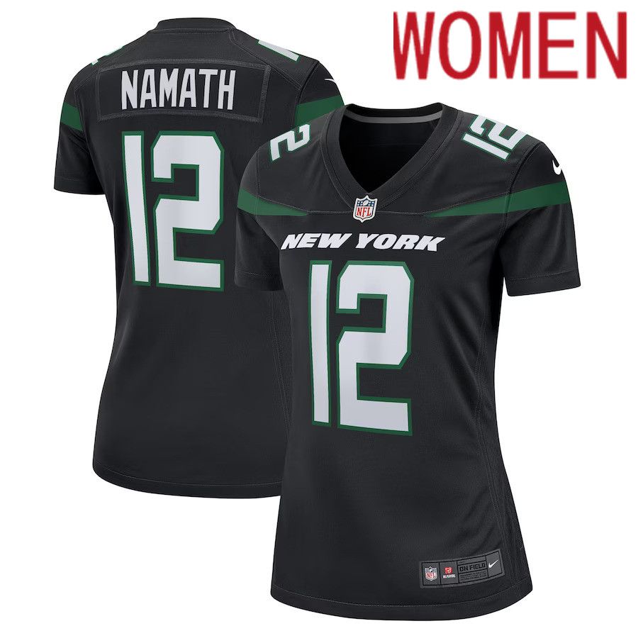 Women New York Jets #12 Joe Namath Nike Black Retired Player NFL Jersey->women nfl jersey->Women Jersey